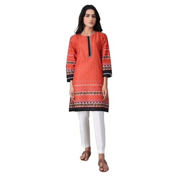 Orange 3/4 sleeves printed kurti kurta tunic blouse shirt women size Medium - Picture 9 of 9